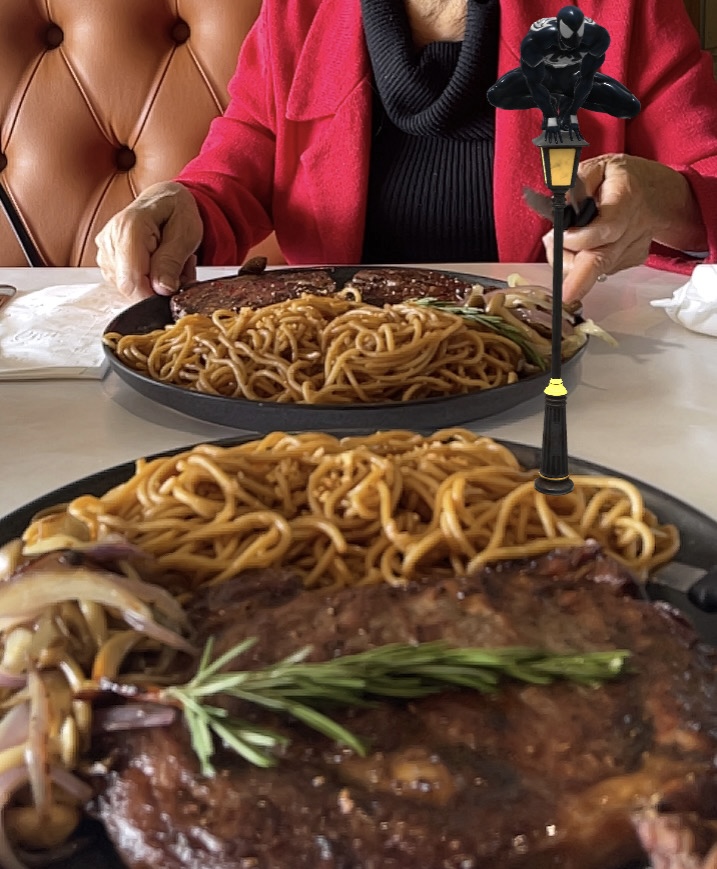 Medium rare prime ribeye steaks, sautéed mushrooms/onions, served with garlics noodles on heated plates; libations included 2 cokes and 1 hot tea, garnished with a total bill of $171.