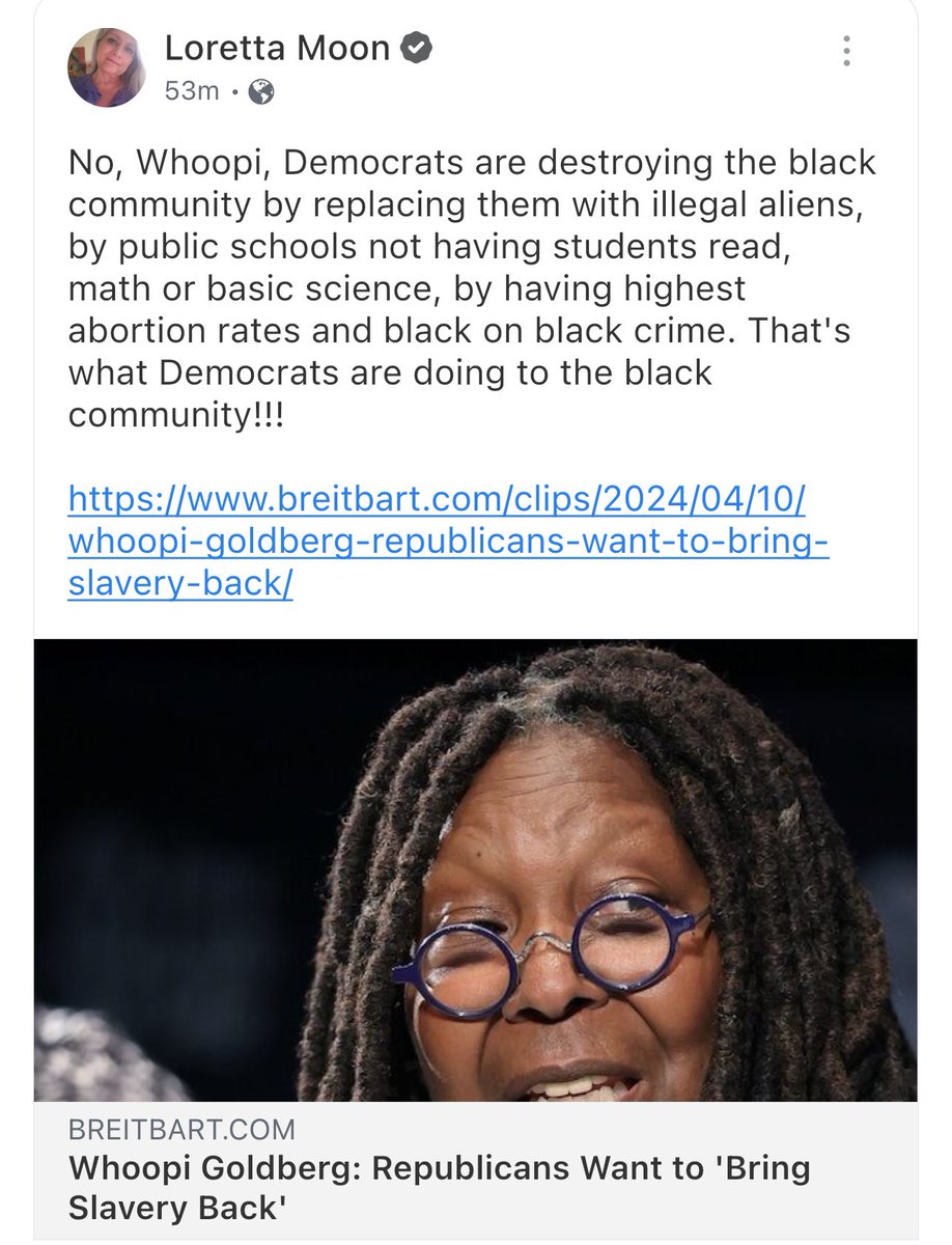Whoopi has no clue about what slavery is because she’s never been a slave, and her parents weren’t slaves either. She needs to see what CCP 🇨🇳 does to their workers, making them work hard labor for barely anything. Child slave labor is real over there. 🤷🏽‍♀️😅🙄