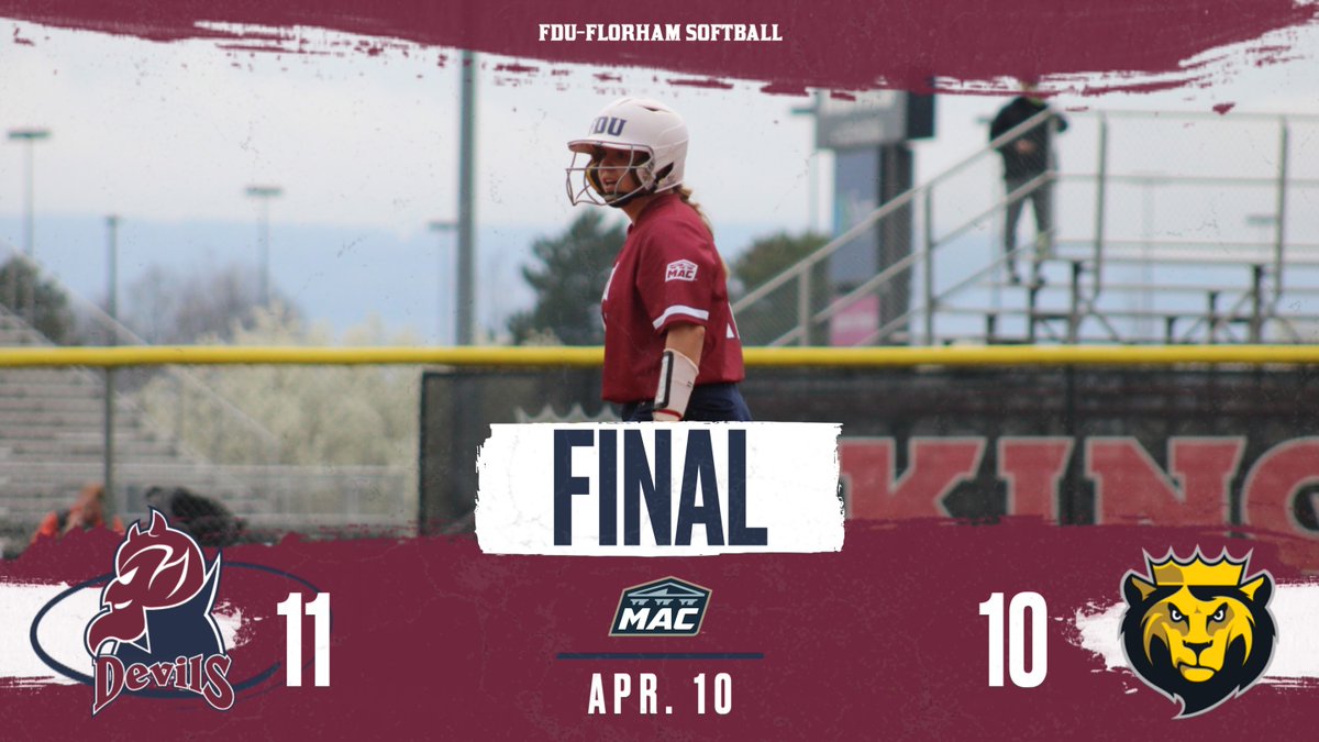 FINAL | @FDUDevilsSB pulls out an 11-10 win over King's in game one of the MAC Freedom doubleheader! Game two was halted due to a lack of daylight. No resumption date has been decided yet. Box Score Game 1: bit.ly/3TWORRw Recap Soon! #HornsUp #HeatsRising