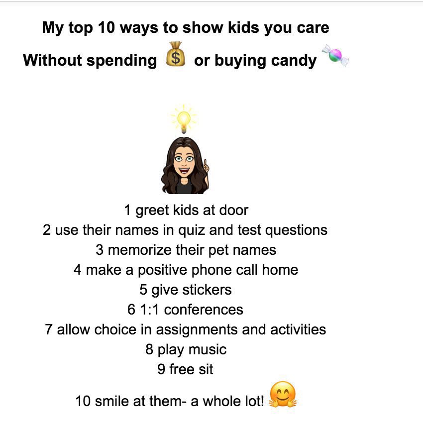 As a teacher here are my top 10 ways I show my students that I care! I have learned that you don't always have to spend a lot of money or buy candy. #teachbetter

What else could we add to this list?