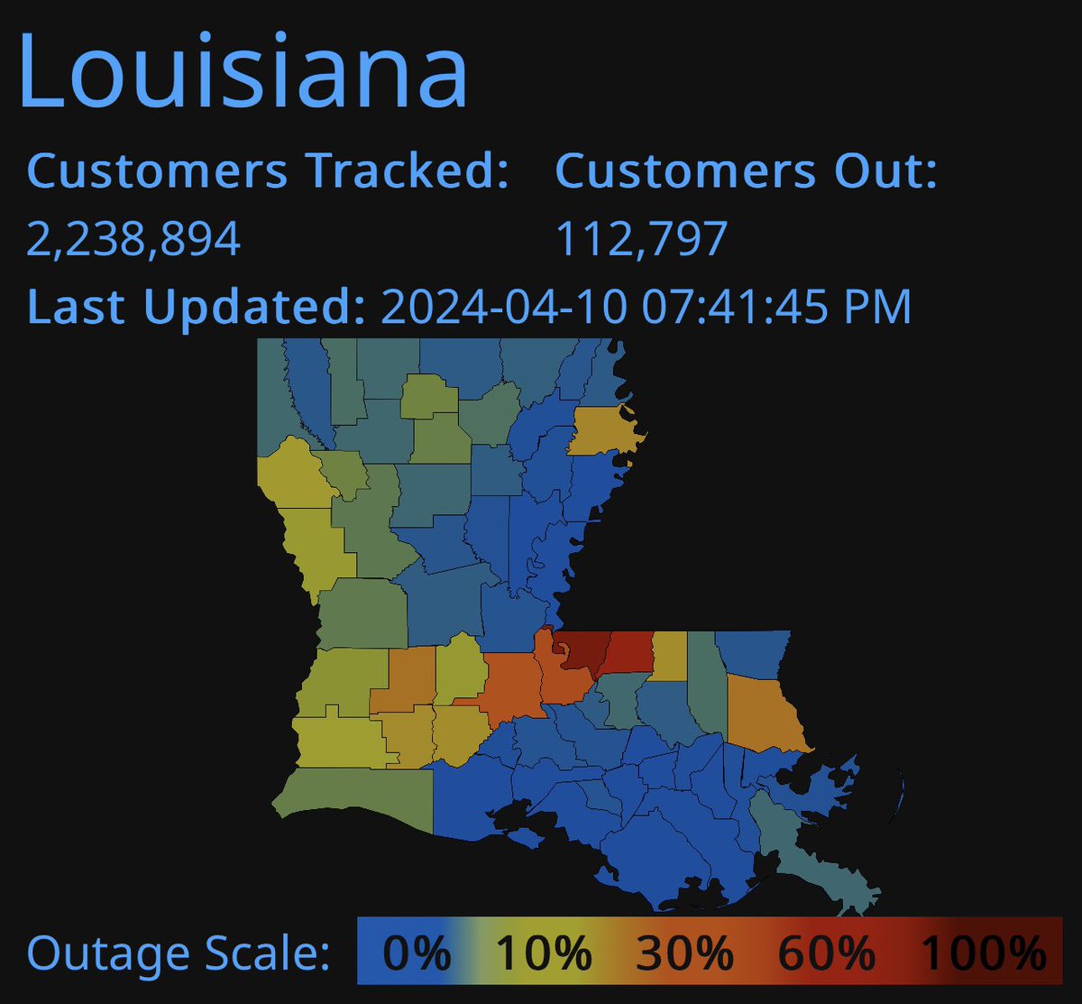 Over 100K remain without power tonight in Louisiana. Major outages stretch from Lake Charles to north of Baton Rouge where that intense squall line with hurricane force winds passed. Then in St. Tammany with the tornadoes. #lawx