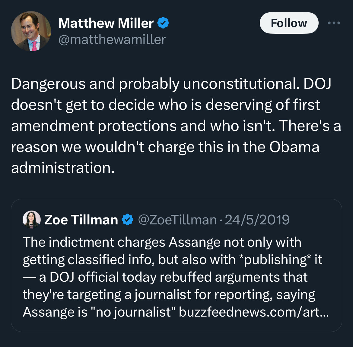 Current State Department spokesman back in 2019 called the prosecution of Julian Assange Dangerous and unconstitutional. Today is the 5th Anniversary in Belmarsh Prison for something he had the right to do.