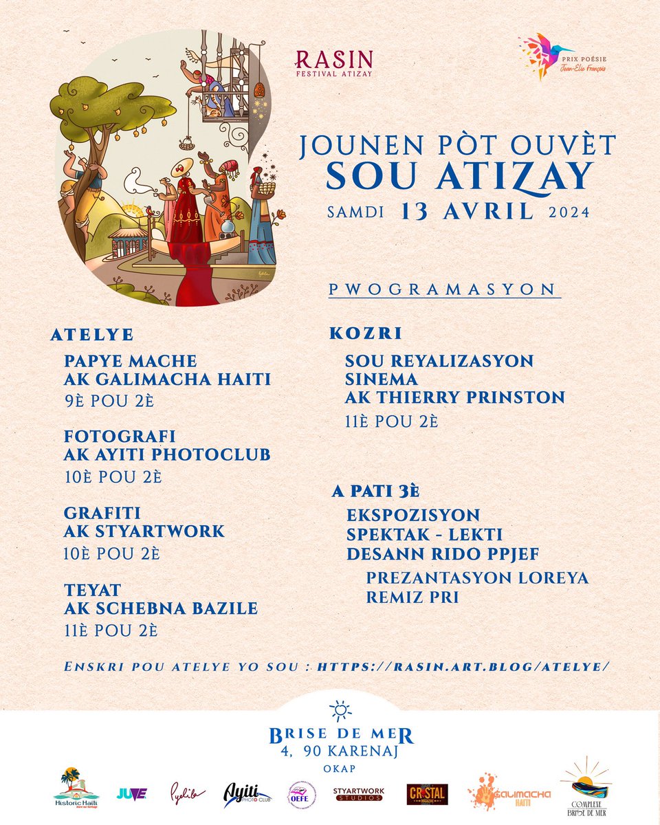 thierryprinston's tweet photo. samdi sa map nan brise de mer carenage, nan vil okap pou yon kozri sou sinema.
se ap premye jounen pòt ouvè sou atizay, Rasin ap òganize aprè 2 festival ke yo deja reyalize 2 lane pase yo.

m ap gen pou pale de peryòd eksperimantal mwen étant reyalizatè seri Premye Novanm yo, sketch Maurice Sixto yo, eksperyans mwen ak sa mwen aprann ak ekip mwen onlōt.ent / follywood.

e m ap pwofite pataje pou premye fwa piblikman pwochen etap mwen nan karyè reyalizatè / dp / editè ke m ye a.

swete m bòn chans✨🌙