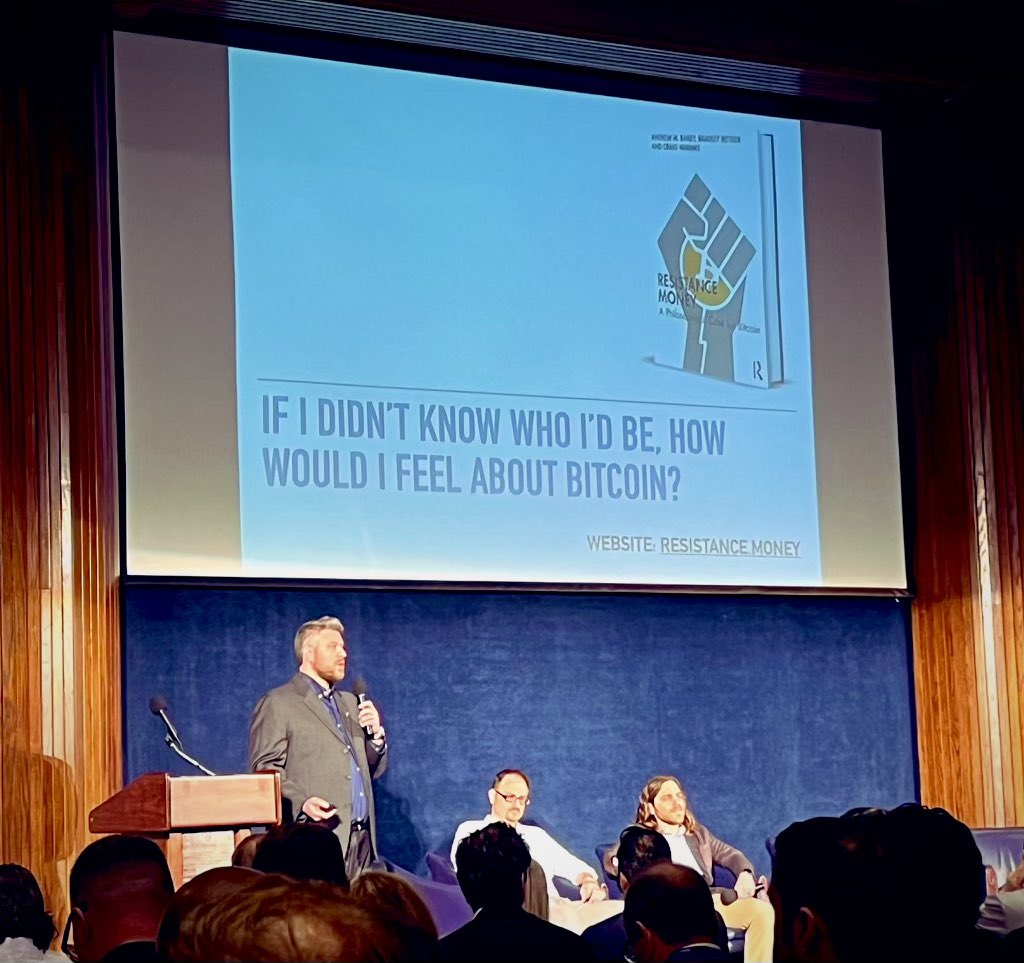 Resistance Money—@resistancemoney, @craigwarmke, and myself—helped @SenGillibrand and @NSmolenski open the @btcpolicyorg Bitcoin Policy Summit. We showed how Bitcoin is different from crypto and blockchain, and offered a framework for evaluating it. Photo from @CharFadirepo