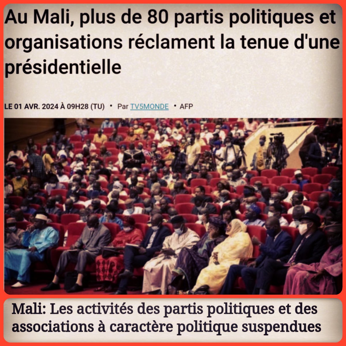 Bien joué, Assimi. Autour maintenant des politiciens félons et véreux du Burkina et du Niger de se lancer dans les mêmes bêtises d'élections et on va régler leur compte. Les satanés néo colonialistes vous poussent et bêtement vous jouez leur jeu. Il faut même dissoudre ces partis