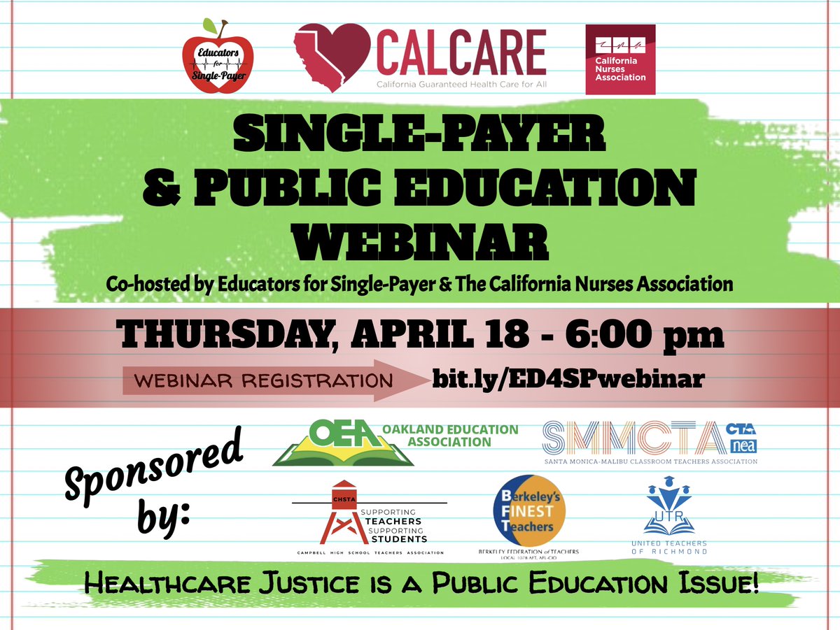 This past weekend, @WeAreCTA's State Council voted, w/out objection, to support #AB2200, aka #CalCare. Want to learn more about the bill and its implications for schools & students? Register for the Single-Payer & Public Education webinar on April 18! 👉 bit.ly/ED4SPwebinar