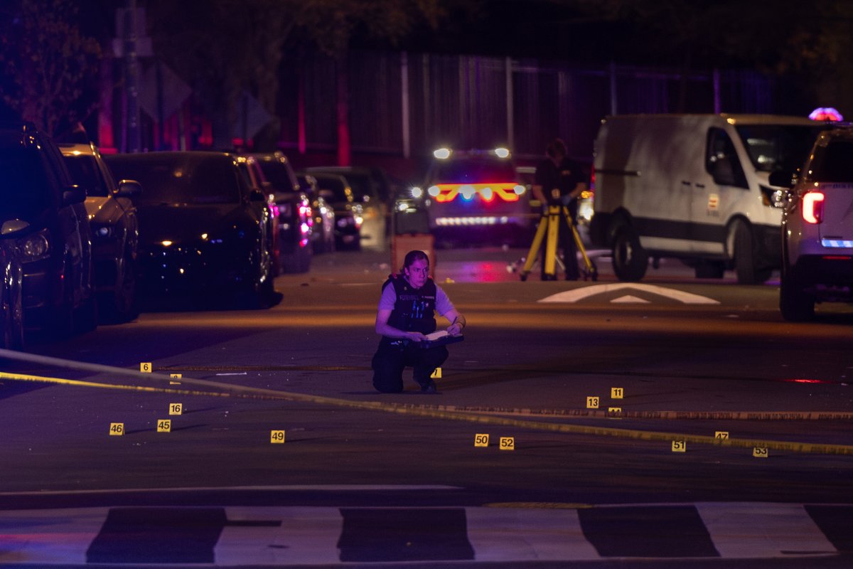 MPD investigating a shooting injuring five and killing one, at the 1100 block of 21st Street NE. At least 54 shell casings were recovered at the scene. TB / For the Washington Post