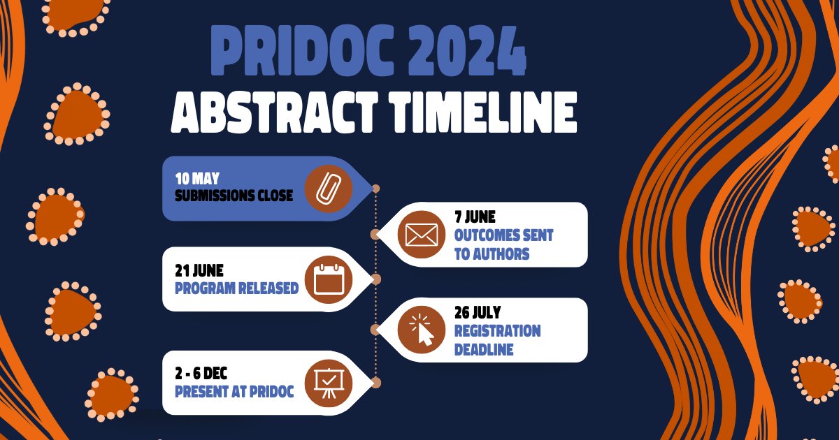 🎤 PRIDoC 2024 is calling for Oral, The Quick and The Deadly and Poster submissions for the program.🤓 Indigenous speakers can present Oral and The Quick and The Deadly abstracts (allies can be involved as a co-speaker & submit a poster). Read guidelines: aida.eventsair.com/pridoc-2024/ab…