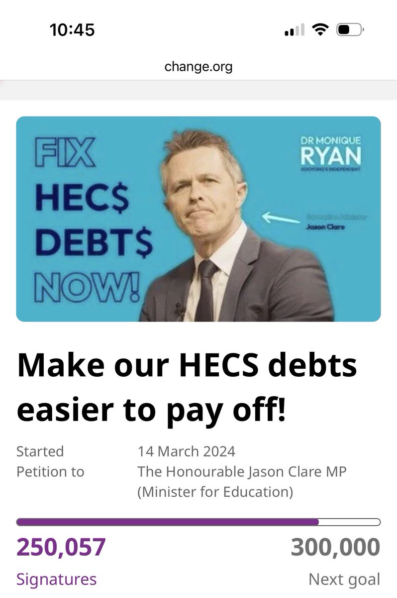 Mon4Kooyong's tweet photo. My petition to make HECS debts easier to pay off just reached a quarter of a million signatures, which is just incredible. 

Thank you to every single person who’s signed it.

The government must not ignore such a significant call for change. https://t.co/ZB8hhljHrH