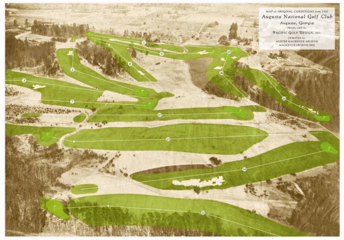 SHistorians's tweet image. There are a ton of vintage images of ANGC, but this one is one of my favorites. In color, it’s slightly easier to make out the golf holes, the mowing lines and the bunkers of the original MacKenzie/Jones design. 

This should be framed in the #Golffice. 

Have a great @TheMasters