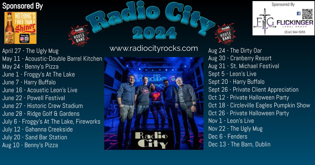 an updated schedule Be sure to mark your calendars
 #Qfm96 #Qfm96housebandalumni #Qfm96houseband #radiocityrocks #shinerbeer #flickingerlegalgroup 

Radio City is sponsored by Flickinger Legal Group 614-944-5055 and Shiner Beer - brewed Since 1909