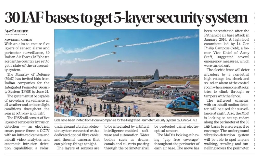 #India five layers of security for 30 IAF bases to include sensors, radars, thermal cameras, movement detectors, underground motion sensors besides a smart fence. @thetribunechd @IAF_MCC @hqwaciaf @SWAC_IAF @makeinindia Text 👇 tribuneindia.com/news/india/30-…