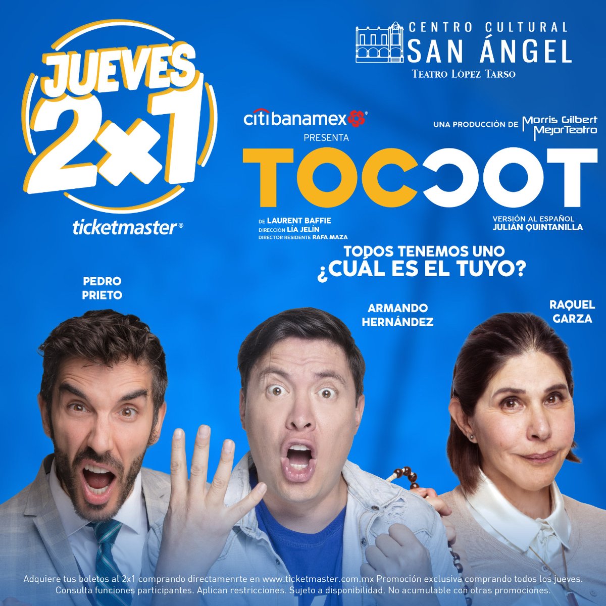 ✨ Aprovecha este jueves 2x1 y disfruta este fin de semana de #TOCTOC ✨ 🤬 @PedroPrietoTv  ➗ @armandohoficial 🙏 @raquelgarzac  🎟️ bit.ly/TocTocJueves2x1