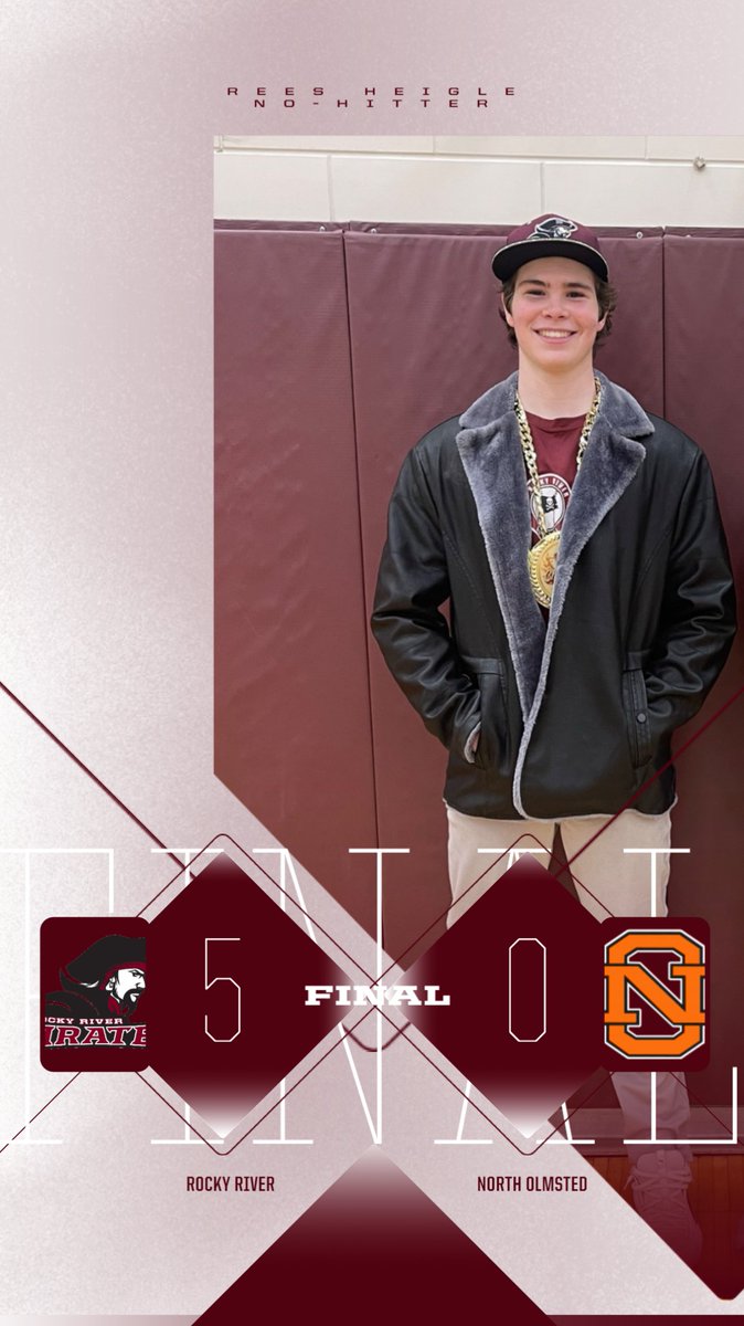 Rees Heigle throws a No-Hitter with 9 strikeouts to lead the Pirates to a 5-0 victory over the Eagles of North Olmsted. Mike Perry went 2 for 2 with a RBI, Thomas Rossi had 2 hits including a double to spark the offense as the Pirates improves to 7-0 (2-0) on the season.