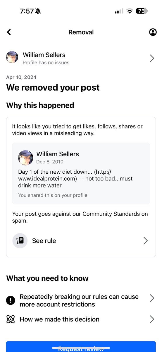 Uhhhhh @facebook … wtf?!?! My post about me losing weight and drinking more water was suspicious? The post was circa December 2010! LMAO. Thank you @X for being my favorite platform. ✌🏻👍🏻🙏🏻