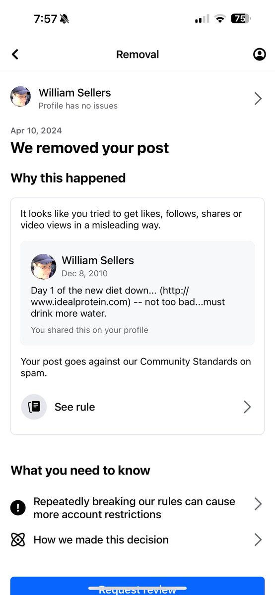 wsellers's tweet image. Uhhhhh @facebook … wtf?!?!   My post about me losing weight and drinking more water was suspicious?   The post was circa December 2010!  LMAO.   Thank you @X for being my favorite platform.  ✌🏻👍🏻🙏🏻