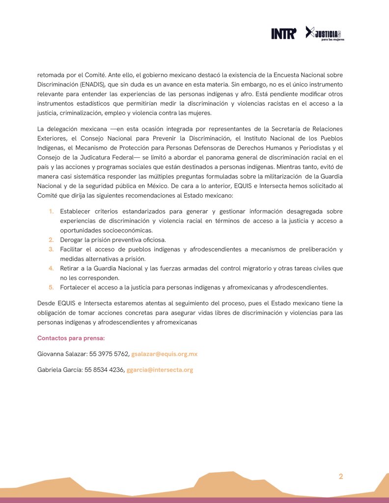 En el marco de la 112 sesión del Comité para la Eliminación de la Discriminación Racial (#CERD), desde @EquisJusticia e Intersecta entregamos datos y recomendaciones sobre las violencias que viven las personas indígenas y afromexicanas y afrodescendientes en México.