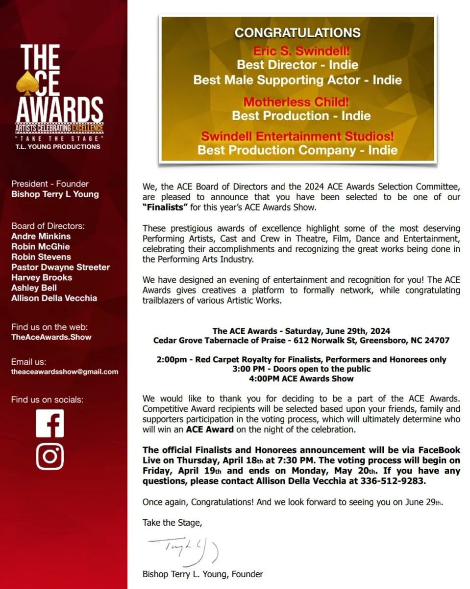 _EricSSwindell's tweet image. I'm very grateful for my nominations with ACE Awards for my Stage Production "Motherless Child"

"MOTHERLESS CHILD" YOUTUBE LINK:
youtu.be/uWSYu4kCppc?si…

#Actor #Writer #Director #ExecutiveProducer #Author #Entertainment #ACEAwards #nominated #finalist #TGBTG #Trending