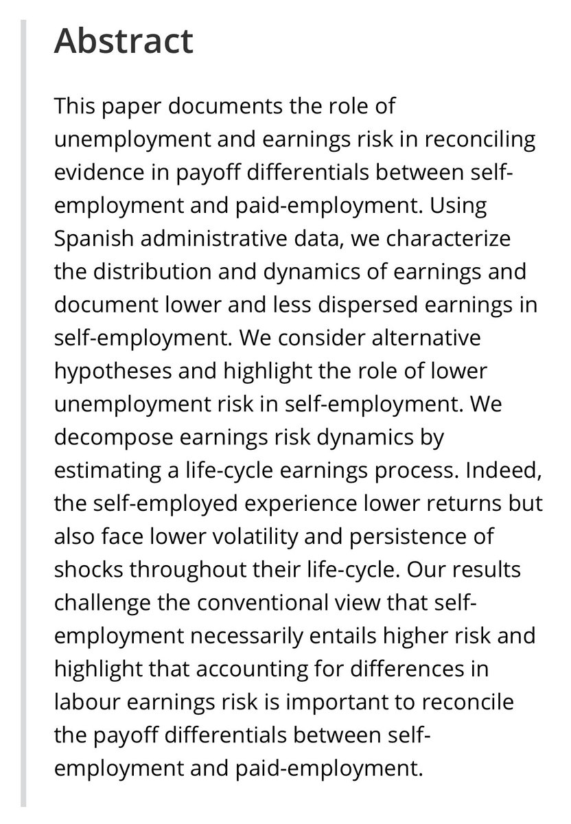 Check out the latest pub by Prof. @elpuntoderocio! Congrats! 👏 👏 👏 “Does Self-employment Pay? The Role of Unemployment and Earnings Risk” doi.org/10.1111/obes.1…