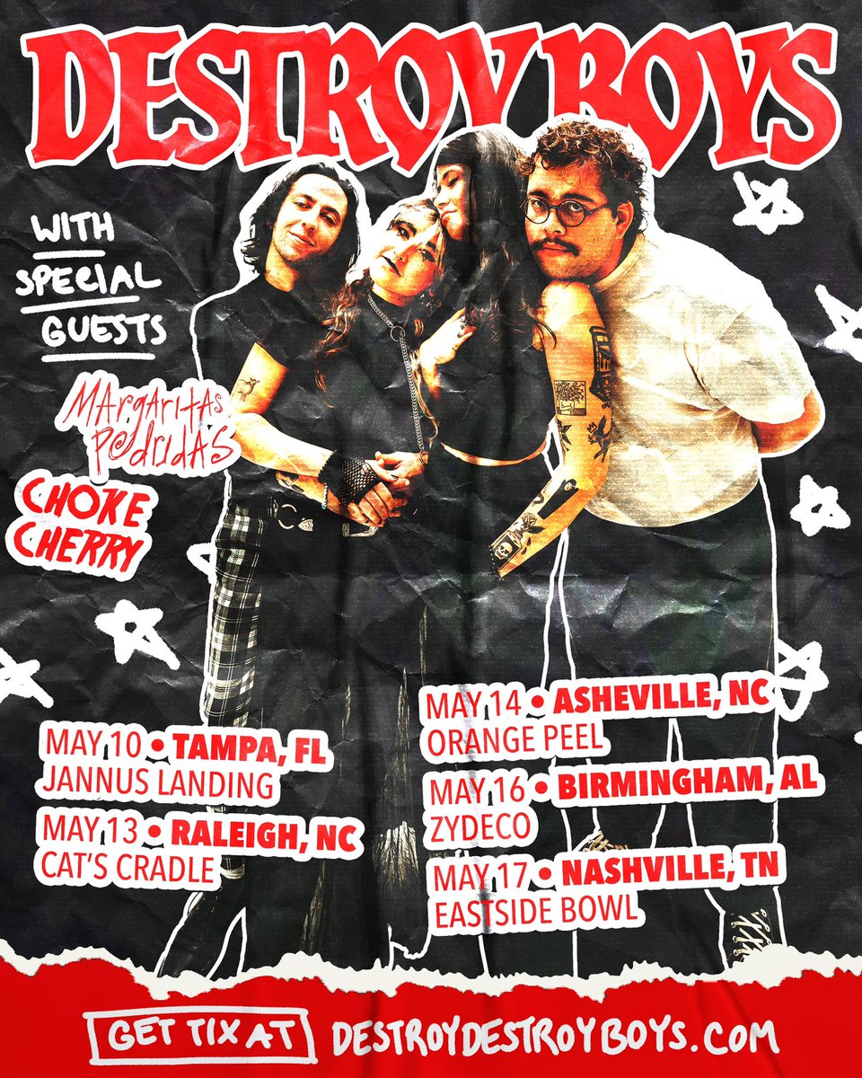 we are officially one month out from our May tour!! what city are we seeing you in👇 may 10  l  tampa, fl may 13  l  carrboro, nc may 14  l  asheville, nc may 16  l  birmingham, al may 17  l  nashville, tn destroydestroyboys.com/tour