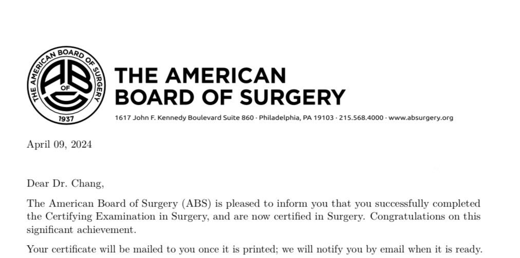 Happy to say that I’m now a board certified general surgeon 🙌
There are many people I have to thank for helping me this far and I can’t wait to see what the future holds 
<a href="/UofAZSurgery/">University of Arizona Department of Surgery</a> <a href="/ImanGhaderi/">Iman Ghaderi, MD, MSc, MHPE</a> <a href="/ValNfonsam/">Val Nfonsam</a> <a href="/TaylorRiall/">Taylor Riall</a> <a href="/1coatesbrian/">Brian Coates</a> <a href="/lilahfran/">Lilah Morris-Wiseman, MD</a>