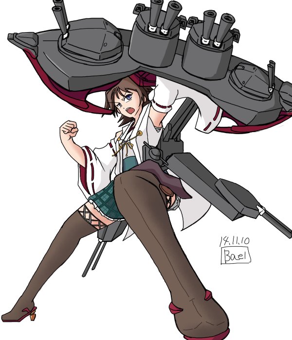 hiei (kancolle) 1girl solo open mouth short hair simple background skirt brown hair  illustration images