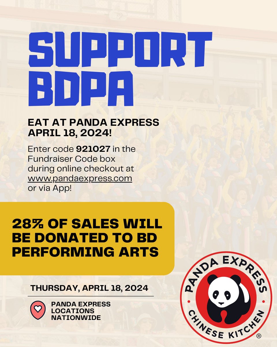 Next Thursday, April 18, we're holding another Panda Express Fundraiser for BDPA! 💙 Order online through the Panda Express app or at PandaExpress.com for pickup or delivery. Be sure to enter code 921027 at checkout! 28% of your order total will go to BD Performing Arts!