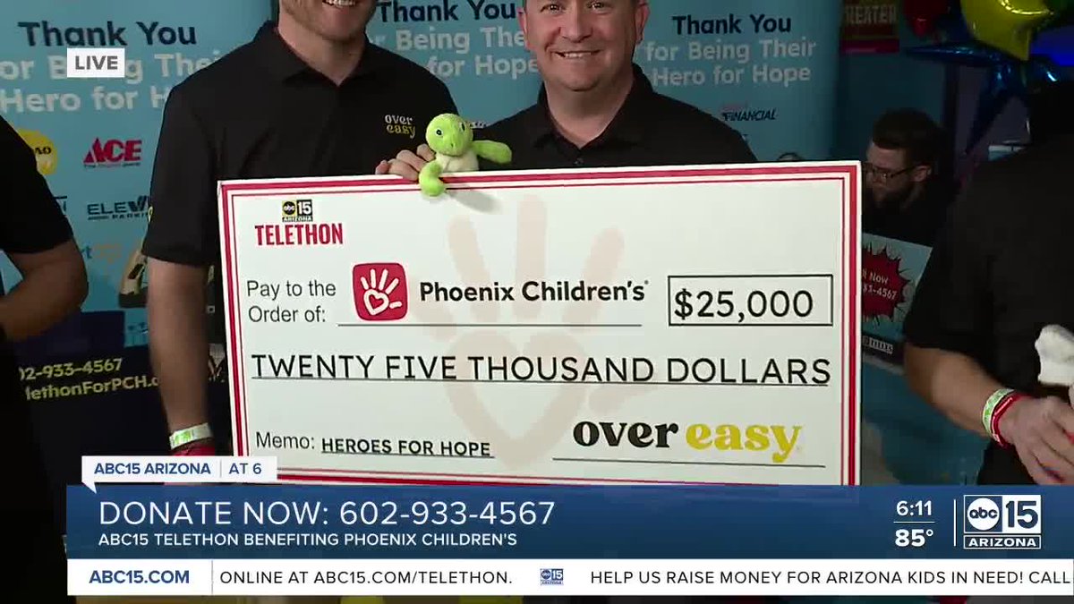 🍳 Egg-cellent news! Our breakfast and brunch buddies from Valley favorite Over Easy have just contributed $25,000 to our Telethon supporting the courageous kids of @PhxChildrens! Donate now by dialing 602-933-4567 or visiting abc15.com/Telethon. #PCHeroes #Heroforhope