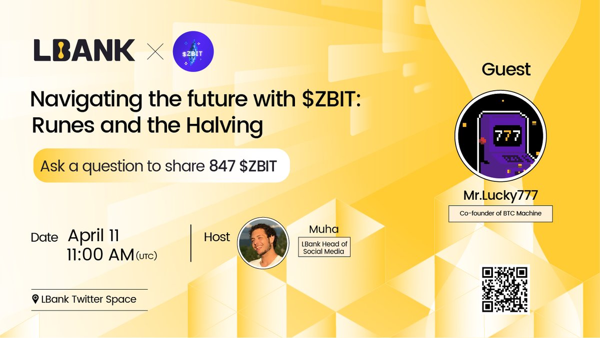 🎙 Join us for the #XSpace with $ZBIT 🗣 Guests: @Mr_Lucky777_ Co-founder of @btcordinal 👉🏻 Set your reminder here:twitter.com/i/spaces/1djGX… 🎁$847 $ZBIT for grabs: 1️⃣Follow @LBank_Exchange & @btcordinal 2️⃣Join Discord: discord.gg/btcmachine 3️⃣Fill out:…