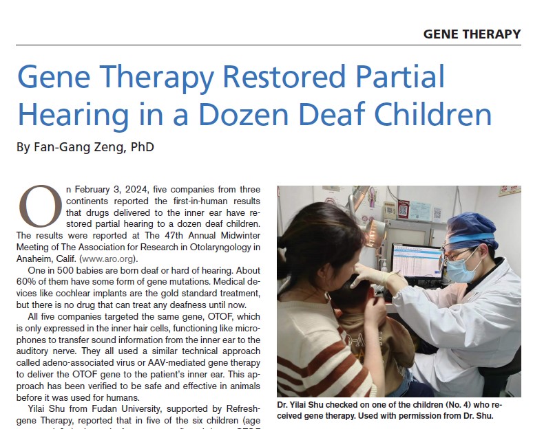 In an amazing breakthrough, #genetherapy has restored partial hearing in a dozen #deaf children. Learn about the incredible science behind this achievement and its implications for the hearing care community. ow.ly/XYOH50RcNLT

#AuDpeeps #pediatrichearingloss <a href="/fgzeng/">Fan-Gang Zeng, PhD</a>