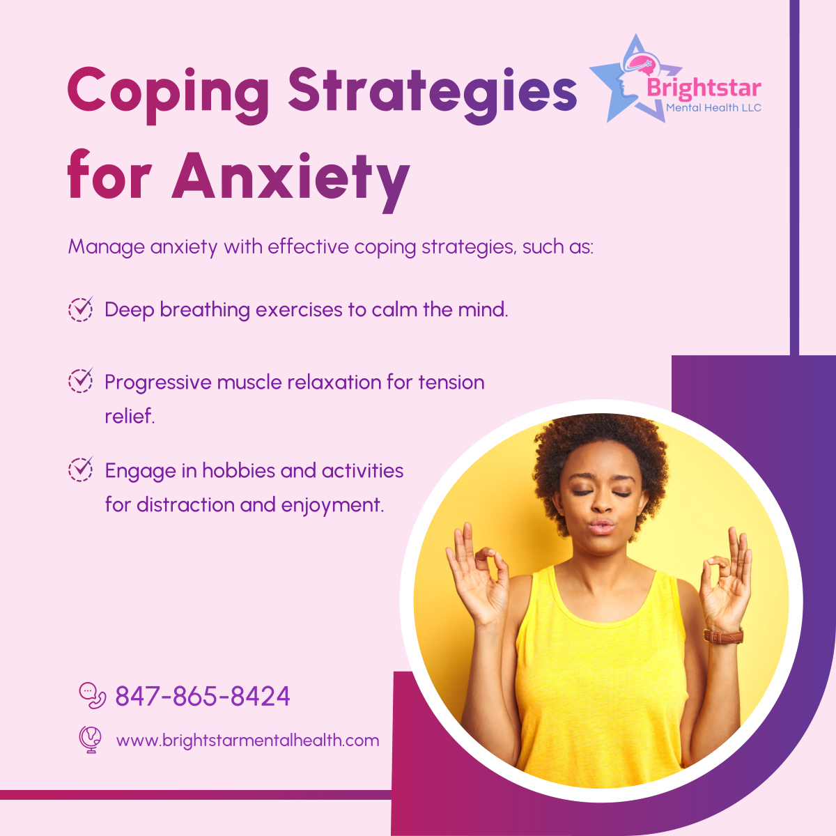 Empower yourself to conquer anxiety and discover inner peace and serenity. Contact Brightstar Mental Health LLC today to learn about effective coping strategies that will help you navigate...

Read more: instagram.com/p/C5lWJVoqQ-9/

#IllinoisTherapist #ChicagoTherapy #Anxiety