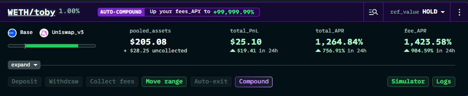 Put your $toby on work
If you can find a asset like $toby giving APR over 1000% on FULL range on @Uniswap you are crazy
#YieldFarming work amazing, and when you love $toby is better!
Look this pool over 1425% per year on fees, thank to @revertfinance for real info 🚀🔥
Enjoy!