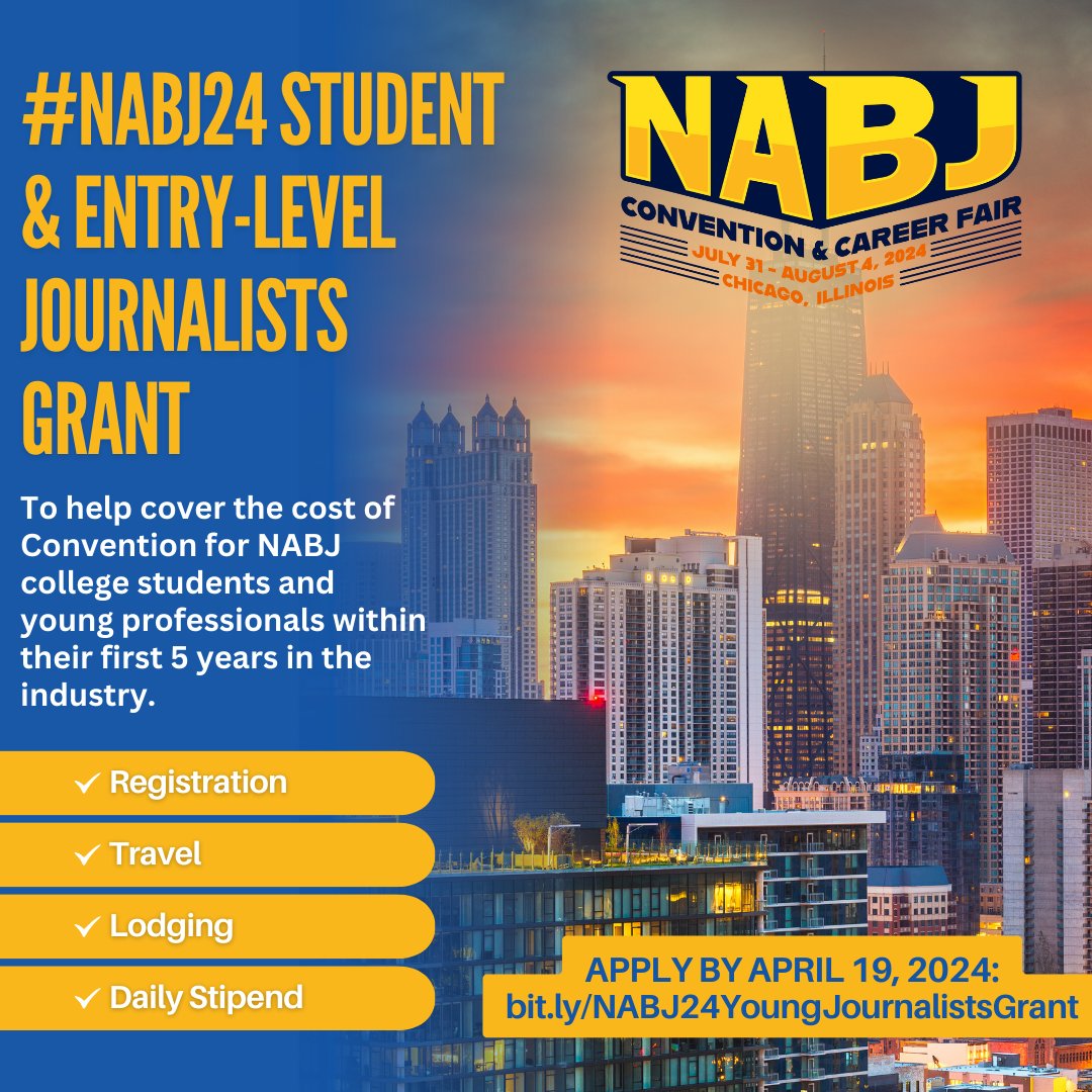 💛To help cover the cost of Convention for NABJ college students and young professional members within their first 5 years in the industry, we're offering a grant to attend #NABJ24 in Chicago! Apply by APRIL 19, 2024: bit.ly/NABJ24YoungJou…