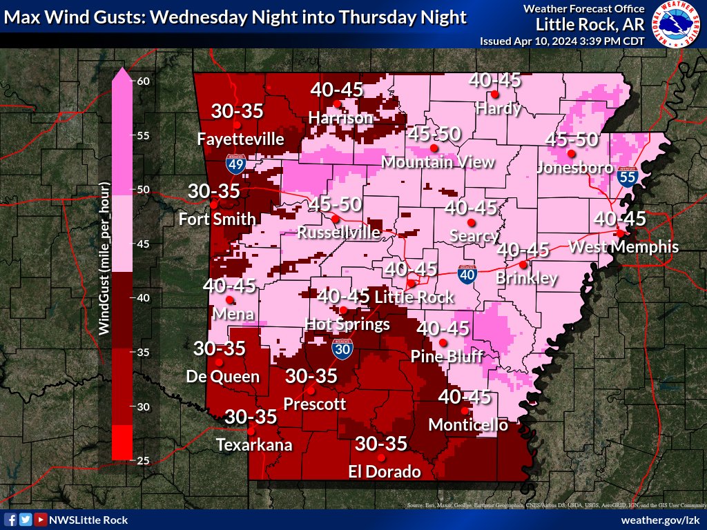 WIND ADVISORY—Wind gusts of 35 to 45 mph over a large part of the state with a few locations reaching 50+ mph starting tonight through Thursday evening. Take note while driving large profile vehicles, on area lakes and rivers, and isolated power outages will be possible. #arwx