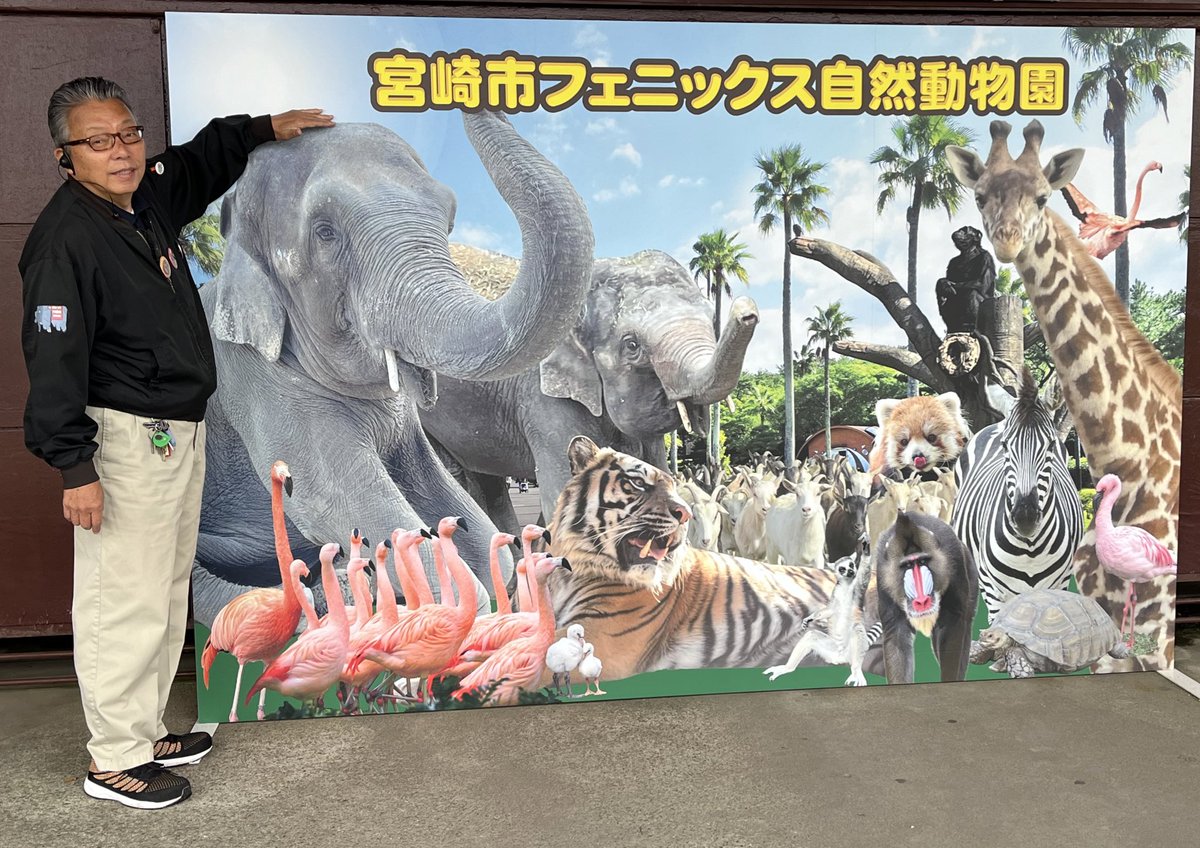 入園ゲートに新しい撮影スポットができました！ いろんな動物たちが大集合しているので探してみてくださいね😉 (モデル：たまたま通りかかった園長) #宮崎市フェニックス自然動物園 #フォトスポット