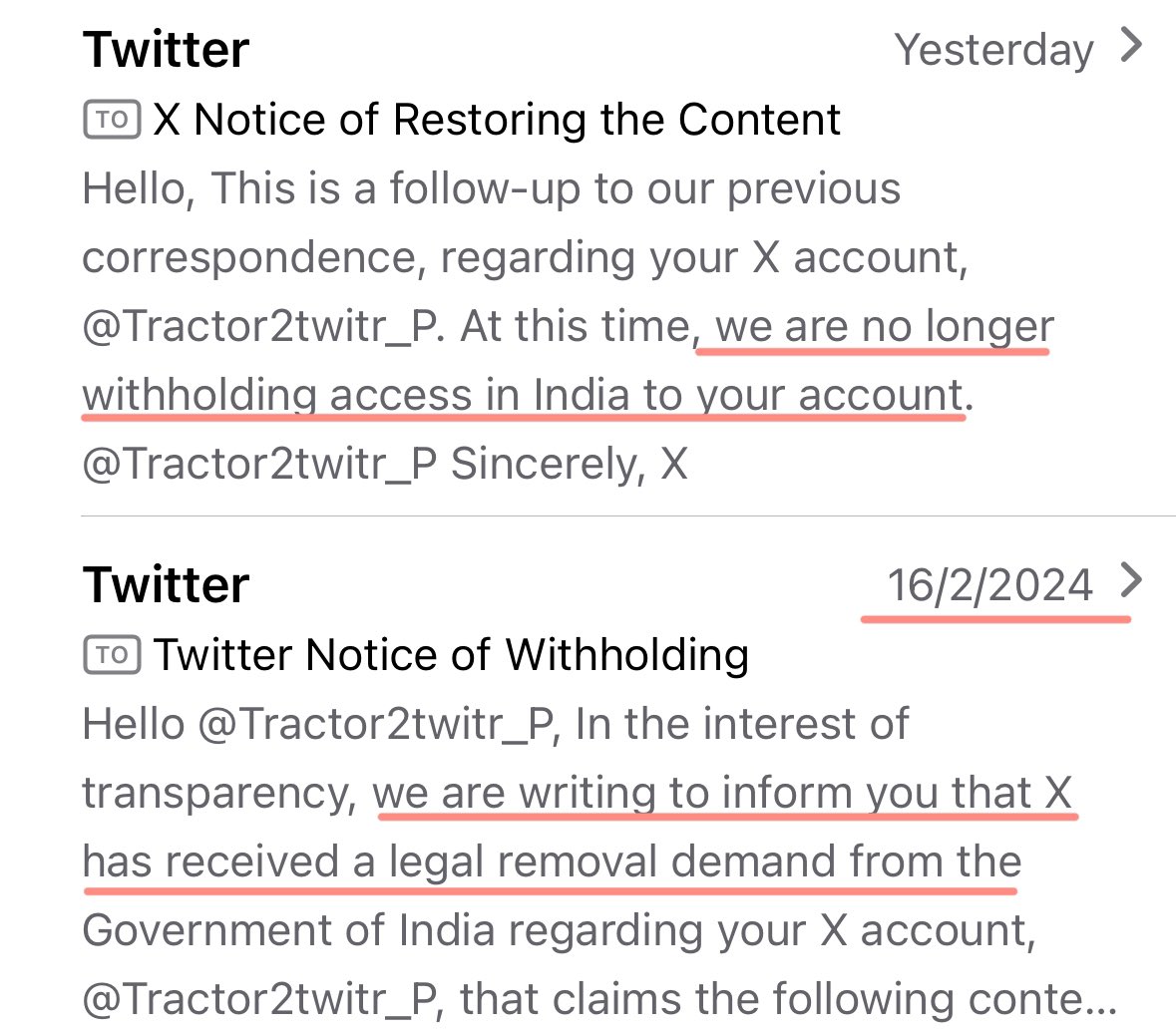 Our account was withheld for speaking on farmers issues, and it will be withheld again … but there’s no dictatorship in India. Our main account @tractor2twitr still withheld for 2 years … but there’s absolutely no dictatorship in India.