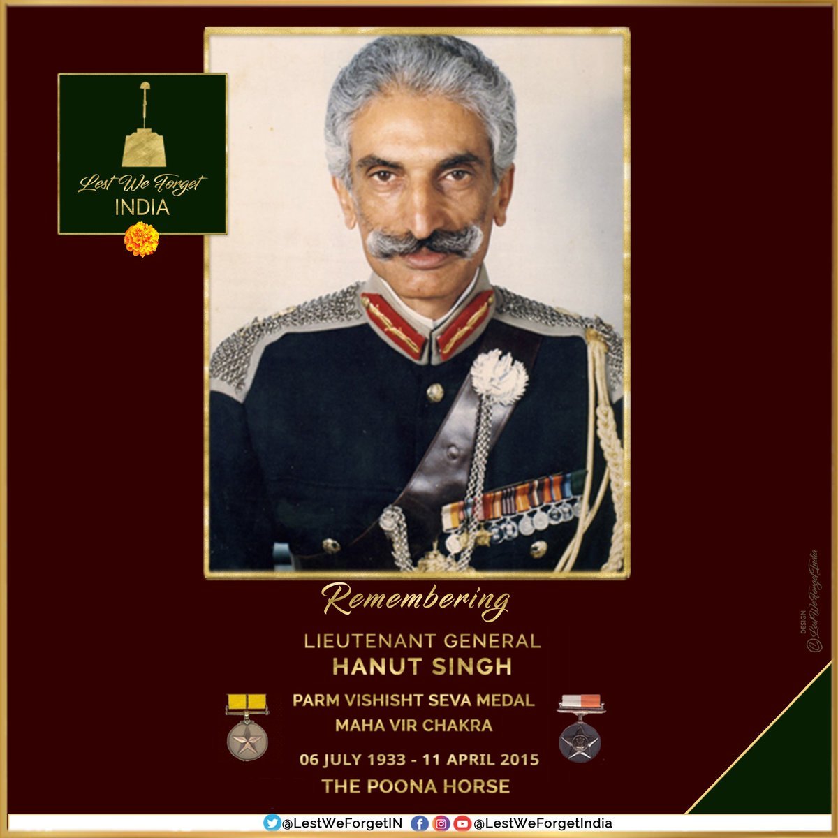 He led the Poona Horse to victory in the #IndoPakWar1971 #LestWeForgetIndia🇮🇳 Lt Gen Hanut Singh, PVSM, #MahaVirChakra, on his 9th death anniversary. The legendary #IndianBrave Commandant of Poona Horse passed away #OnThisDay 11 April in 2015 at the age of 81 in Dehradun