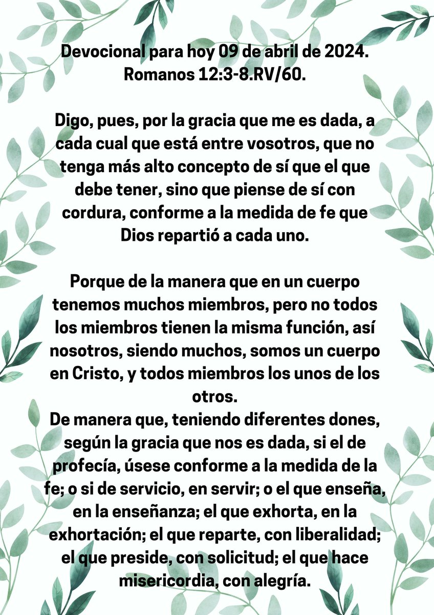 Devocional para 09 de abril de 2024.

Romanos 12:3-8.🙏🏻🙏🏻🙏🏻📖📖📖👏👏👏.

#Jesucristo #CristoRey #Reydelosjudios #HijodeDios #Devocionalcristiano #Teologiacristiana #LaVerdad #LaLuzDelMundo #laVerdad #EspirituSanto #Jesuschrist #HolySpirit #Apocalipsis #vigilia