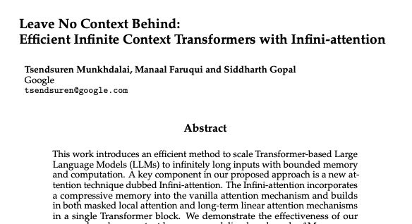 Google announces Leave No Context Behind

Efficient Infinite Context Transformers with Infini-attention

This work introduces an efficient method to scale Transformer-based Large Language Models (LLMs) to infinitely long inputs with bounded memory and computation. A key