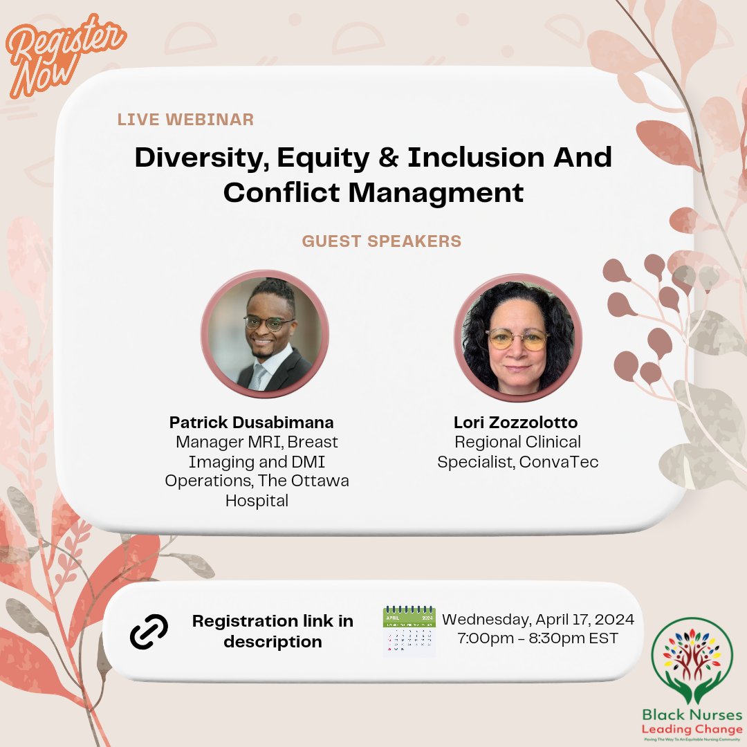 Register Today! us06web.zoom.us/meeting/regist… Join us as we continue our diversity, equity & inclusion discussion with guest speaker Patrick Dubsabimana from the The Ottawa Hospital along with BNLCs chair Lori Zozzolotto will discuss conflict management! @RNAO @NursingStudentO