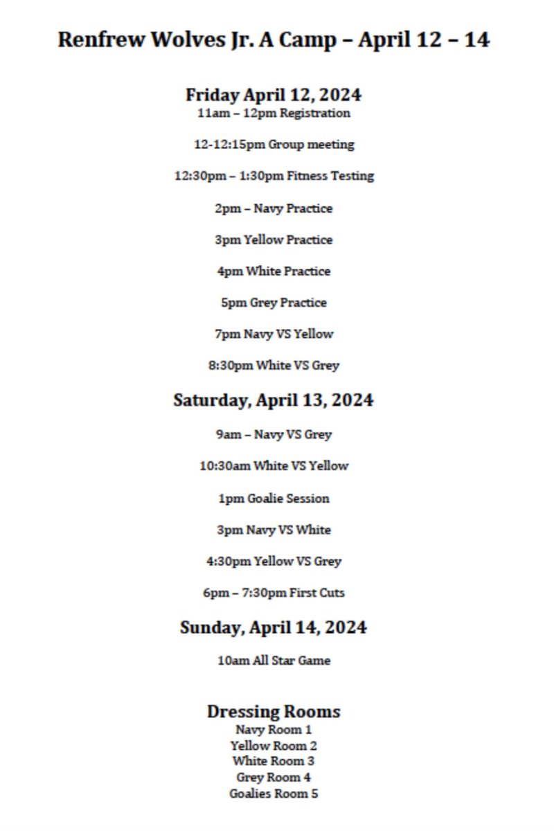 Training Camp Schedule