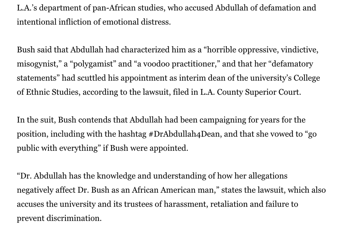 Abdullah was recently named in a lawsuit filed by a fellow Cal State LA Professor. Here are the allegations, via @MattHjourno. latimes.com/politics/story…