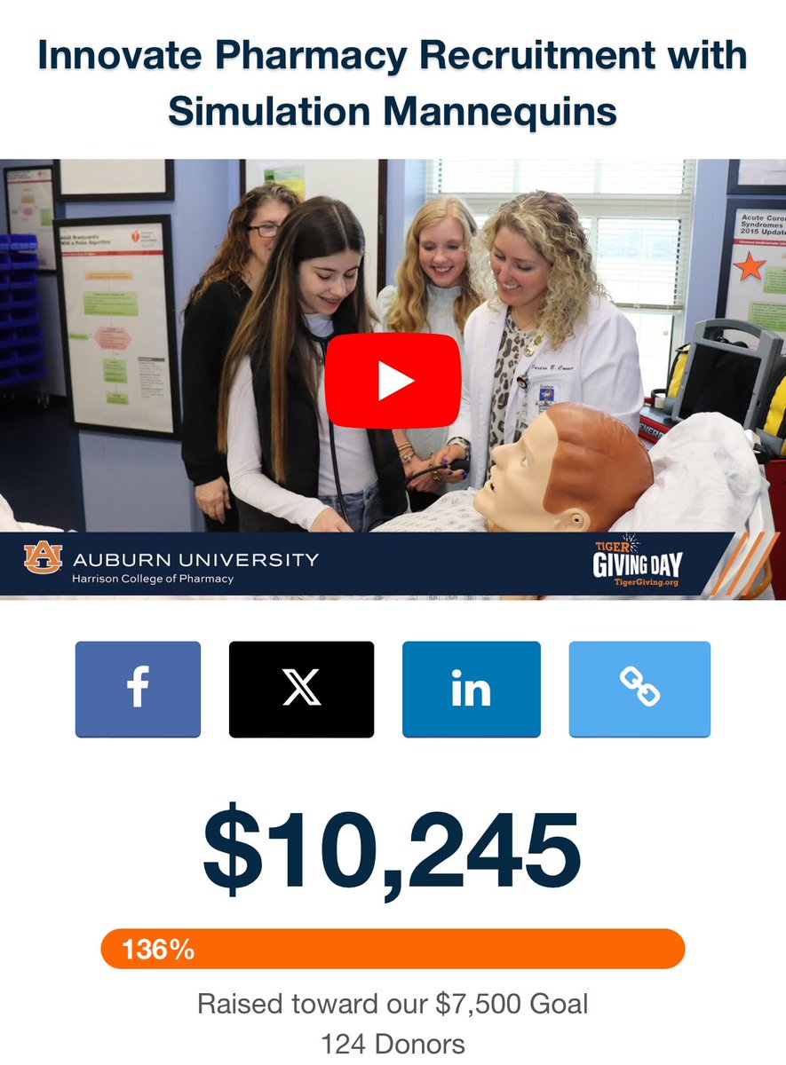 Thank you to everyone for your support today! There’s still time to give if you haven’t yet. Even though we’ve reached our goal, additional funds can go toward more mannequins and supplies. Learn more more >> rise.auburn.edu/project/41445 #WarEagle | #TigerGivingDay