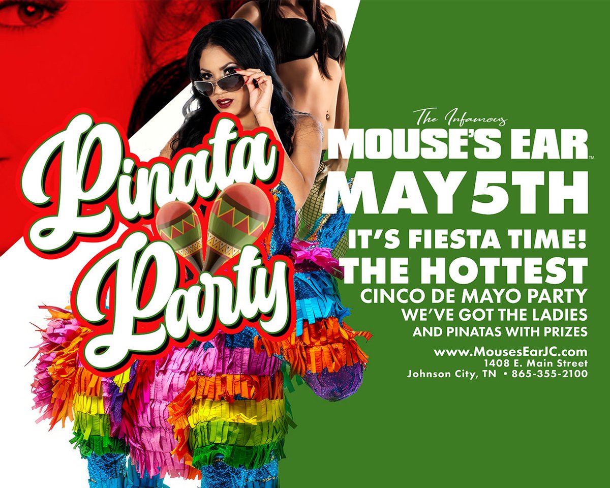 ⭐Plans for May 5?⭐
Make sure they include The Mouse's Ear!
We're having a Piñata Party on Cinco De May! Muy caliente babes! 

.
.
.
#cincodemayo #fiestatime #pinata #mousesear #johnsoncity