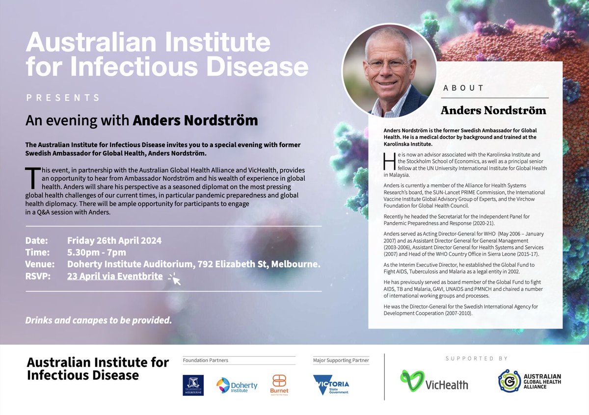 📢 Don't miss this exclusive evening with @NordstrmAnders a prominent figure in global health, with extensive experience as a former Swedish Ambassador for Global Health!! 📅 Friday, April 26 ⏰ 5:30 - 7pm AEST 📍 Doherty Auditorium Register 👉 lnkd.in/guZWRscg