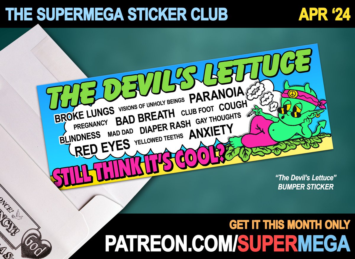 🥸 STICKER CLUB - April 2024 🥸 For the first month of sticker club, you'll get a bumper sticker to keep y'all and everyone around you in traffic OFF of that devil's lettuce. Daddy likey? You freaks have until the end of this month to sign up if you want to get April's sticker.