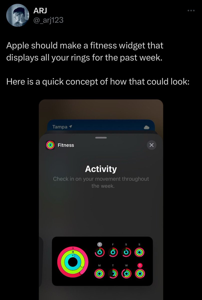 _arj123's tweet image. So someone went out there way to make my fitness widget concept a reality!

Great to be able to see my past week’s activity at a glance. I wonder why Apple didn’t think of this.