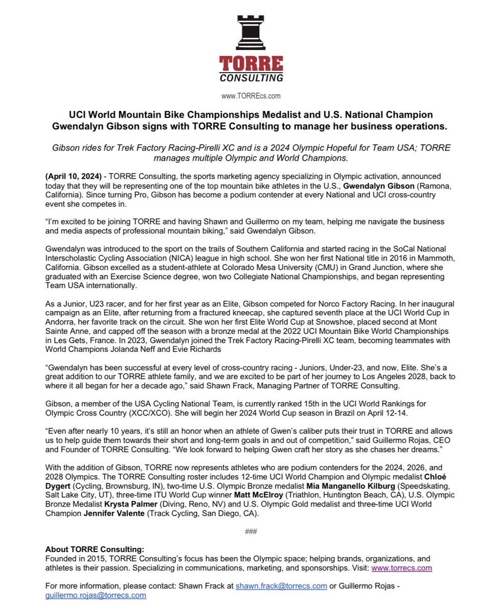 We're excited to share this news...
UCI World Mountain Bike Championships Medalist and U.S. National Champion Gwendalyn Gibson signs with TORRE Consulting to manage her business operations!
#TeamUSA #USACycling #Olympics #MountainBiking 
#Clientnews