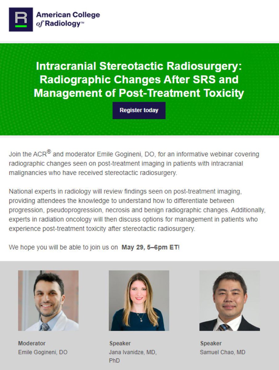Want to learn about the radiographic changes seen on post-treatment imaging in patients with intracranial malignancies who have received #stereotacticradiosurgery? don’t miss the chance to hear more from our attending @jana_ivanidze who is a leader in the field. @RadiologyACR