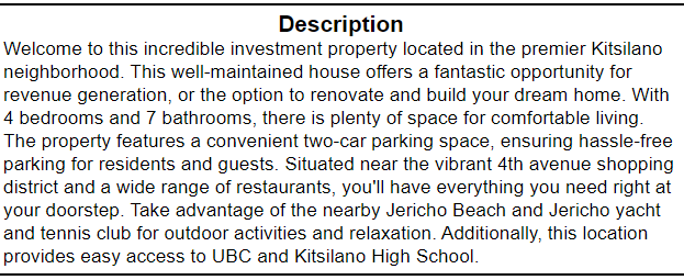 Kitsilano 4 br 7 ba  'incredible investment property' with 'fantastic opportunity for revenue generation'

Sold $3M
Assessed $3.176M
Purchased Sept 2017 $3.25M

Enough revenue generation to cover maintenance/bills/mortgage and estimated $410K loss after PTT + commissions?

#VanRE